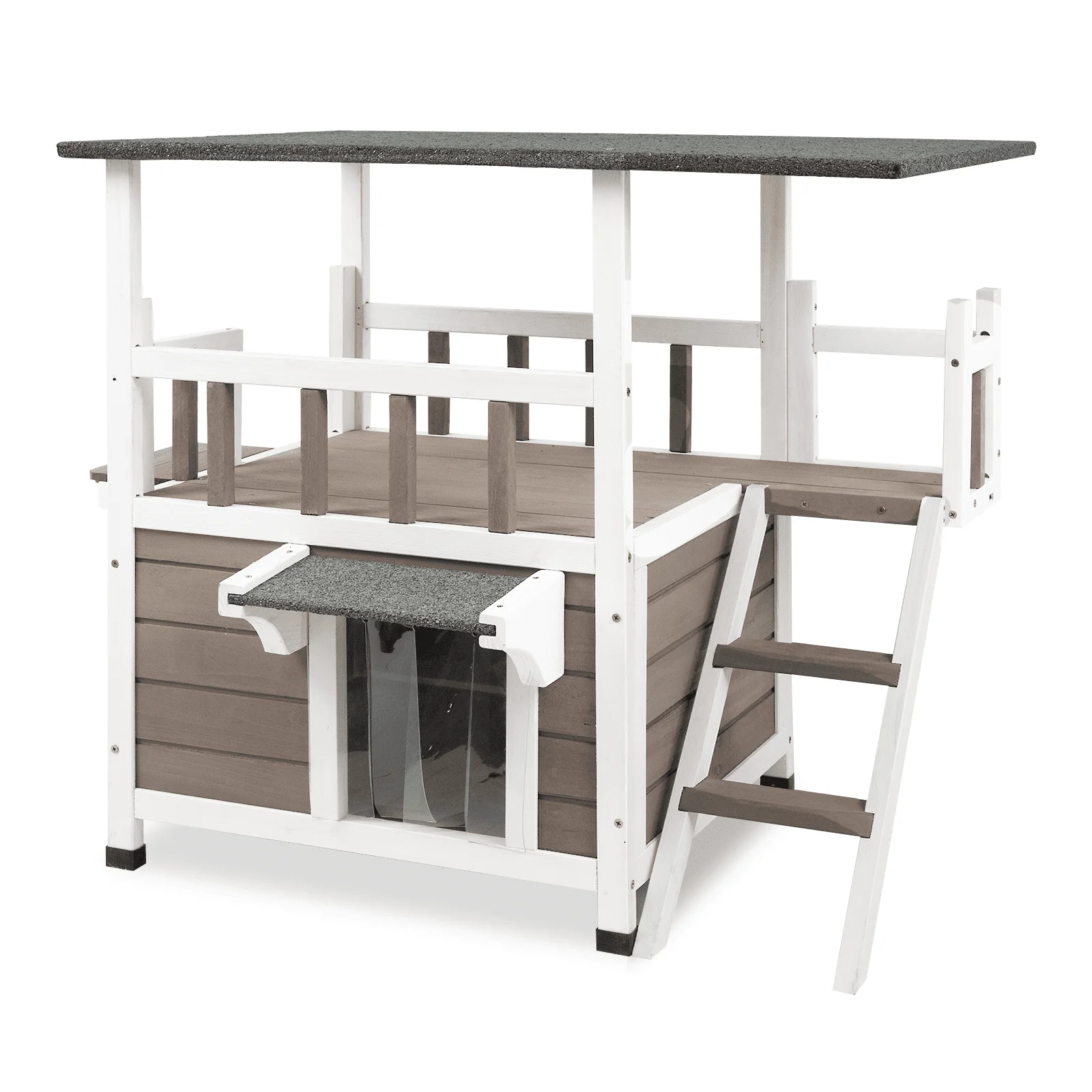Gowoodhut CAT15 Cat House with Balcony Wooden Cat Shelter Outdoor Feral Kitter Shelter with Climbing Ladder