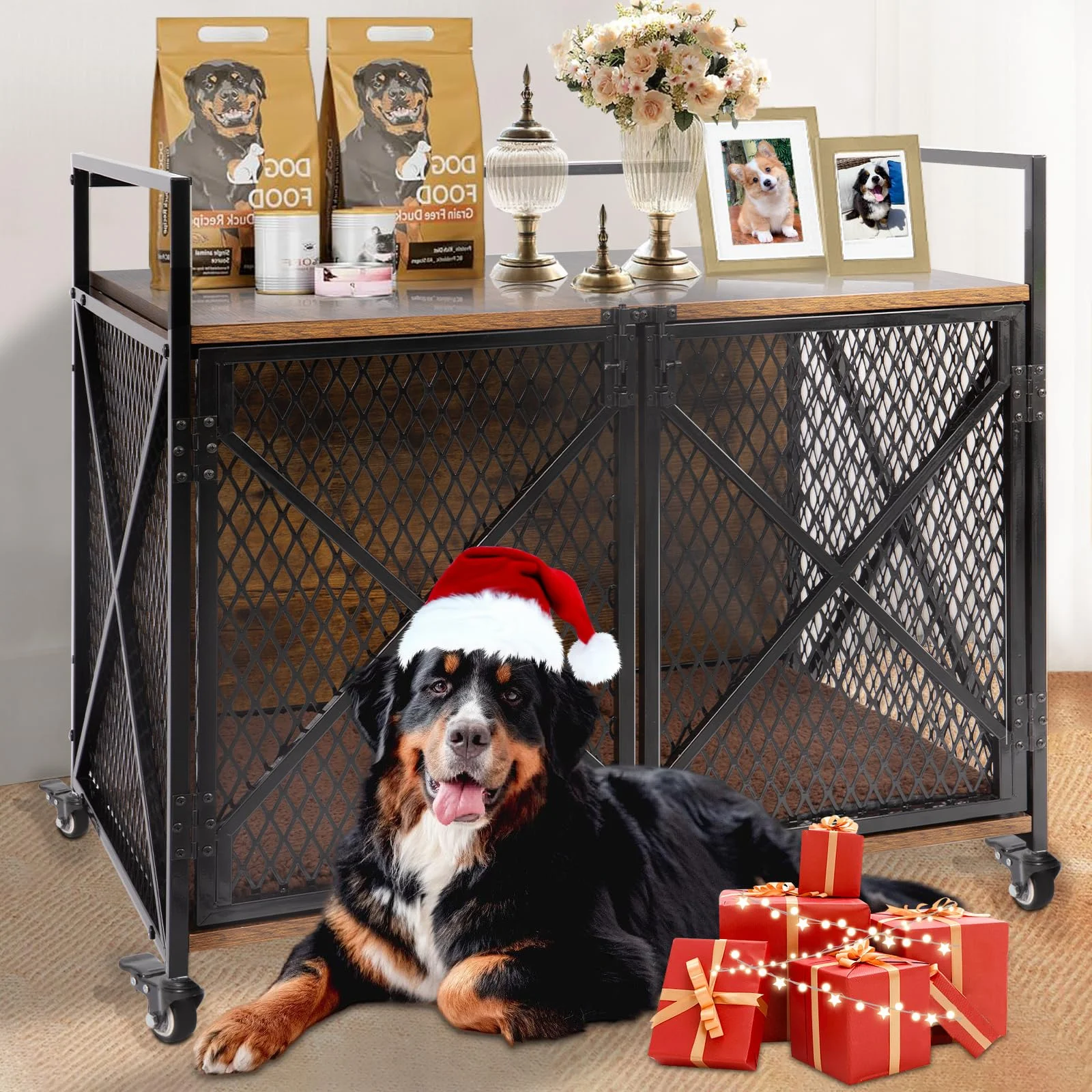 Gowoodhut PET53 Dog Crate, Wooden Dog Kennel Furniture with Cushion