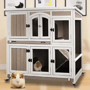 Gowoodhut PET33 Guinea Pig Cage Indoor Wooden 2-Story Rabbit Hutch on Wheels for Small Animals, Gray