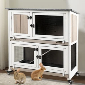 Gowoodhut PET34 Rabbit Hutch Indoor Wooden 2 Story Bunny Hutch Rabbit Cage with Wheels for Small Animals