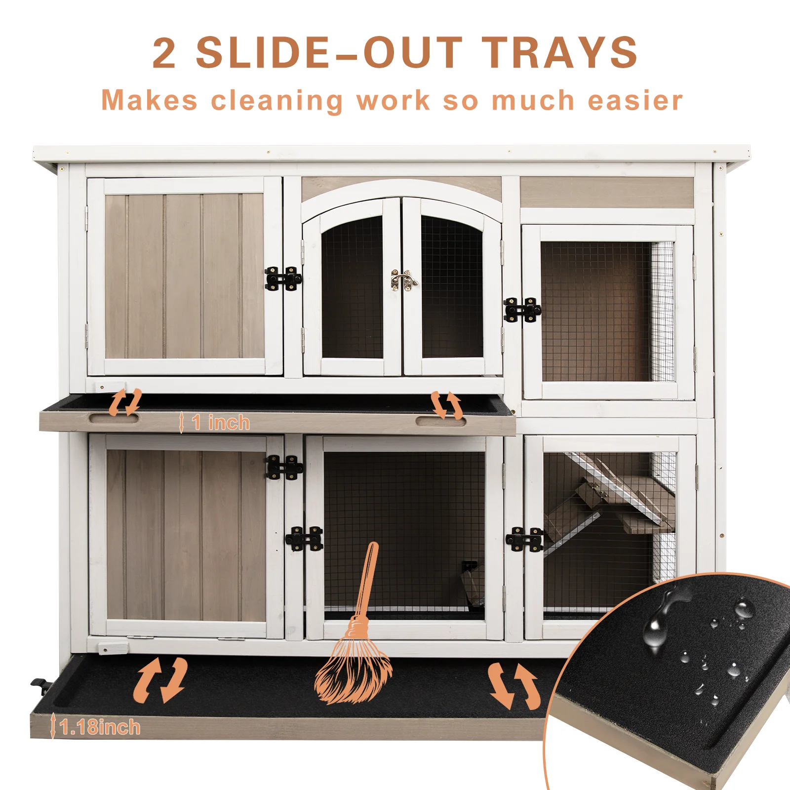 Gowoodhut PET33 Guinea Pig Cage Indoor Wooden 2-Story Rabbit Hutch on Wheels for Small Animals, Gray - Image 2