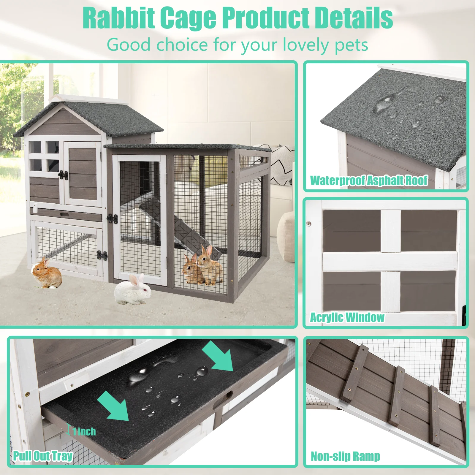 Gowoodhut RAB17 Rabbit Hutch Indoor 2-Story Bunny Cage Outdoor with Run for Small Animals, Gray - Image 2