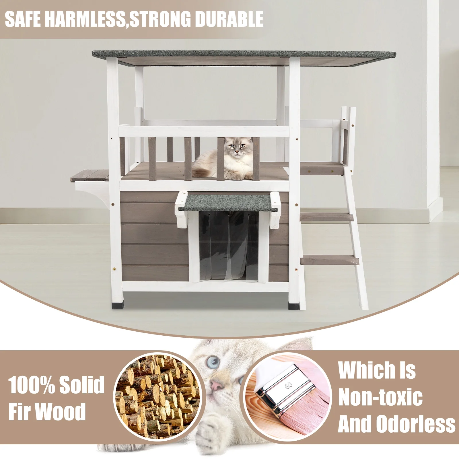 Gowoodhut CAT15 Cat House with Balcony Wooden Cat Shelter Outdoor Feral Kitter Shelter with Climbing Ladder - Image 3