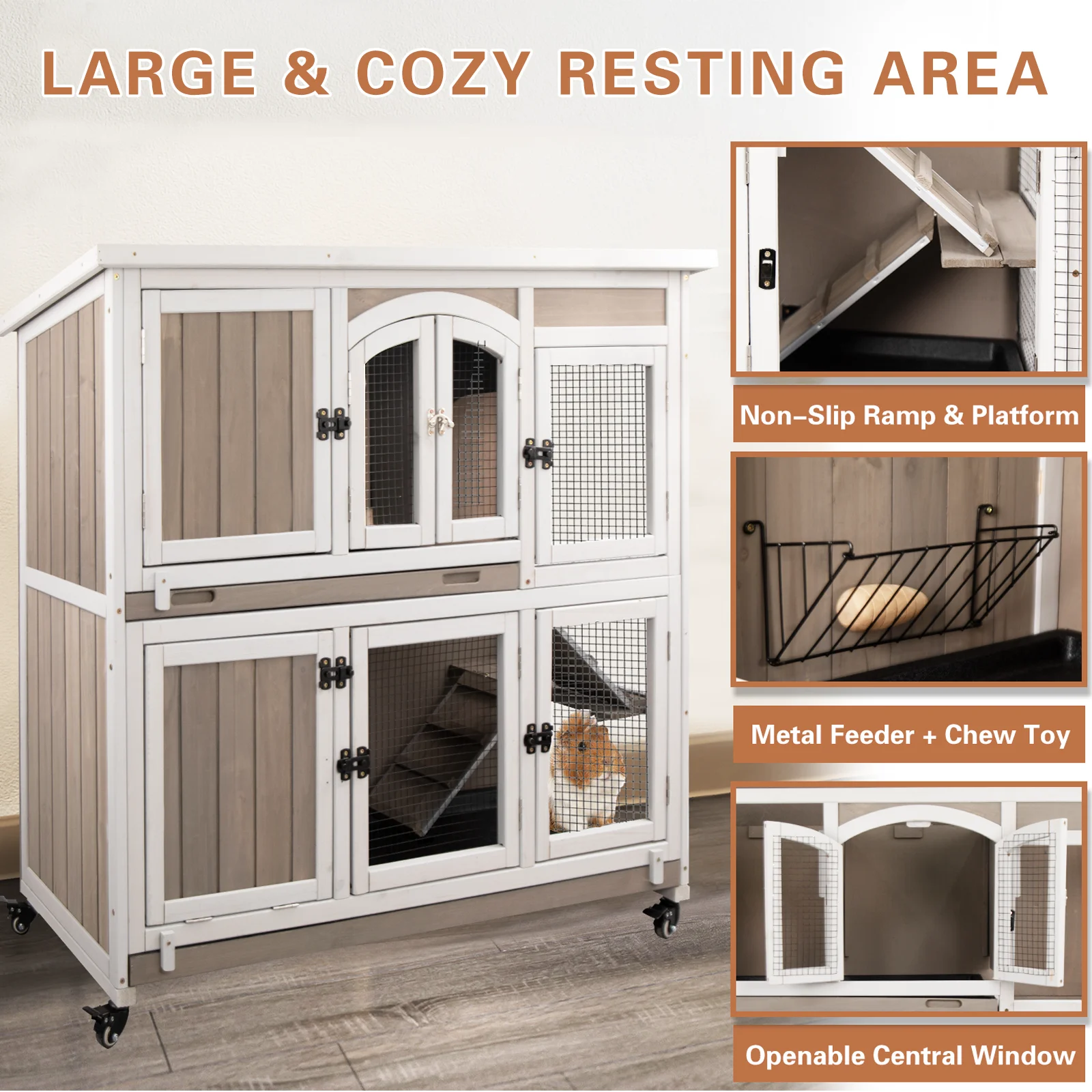 Gowoodhut PET33 Guinea Pig Cage Indoor Wooden 2-Story Rabbit Hutch on Wheels for Small Animals, Gray - Image 3