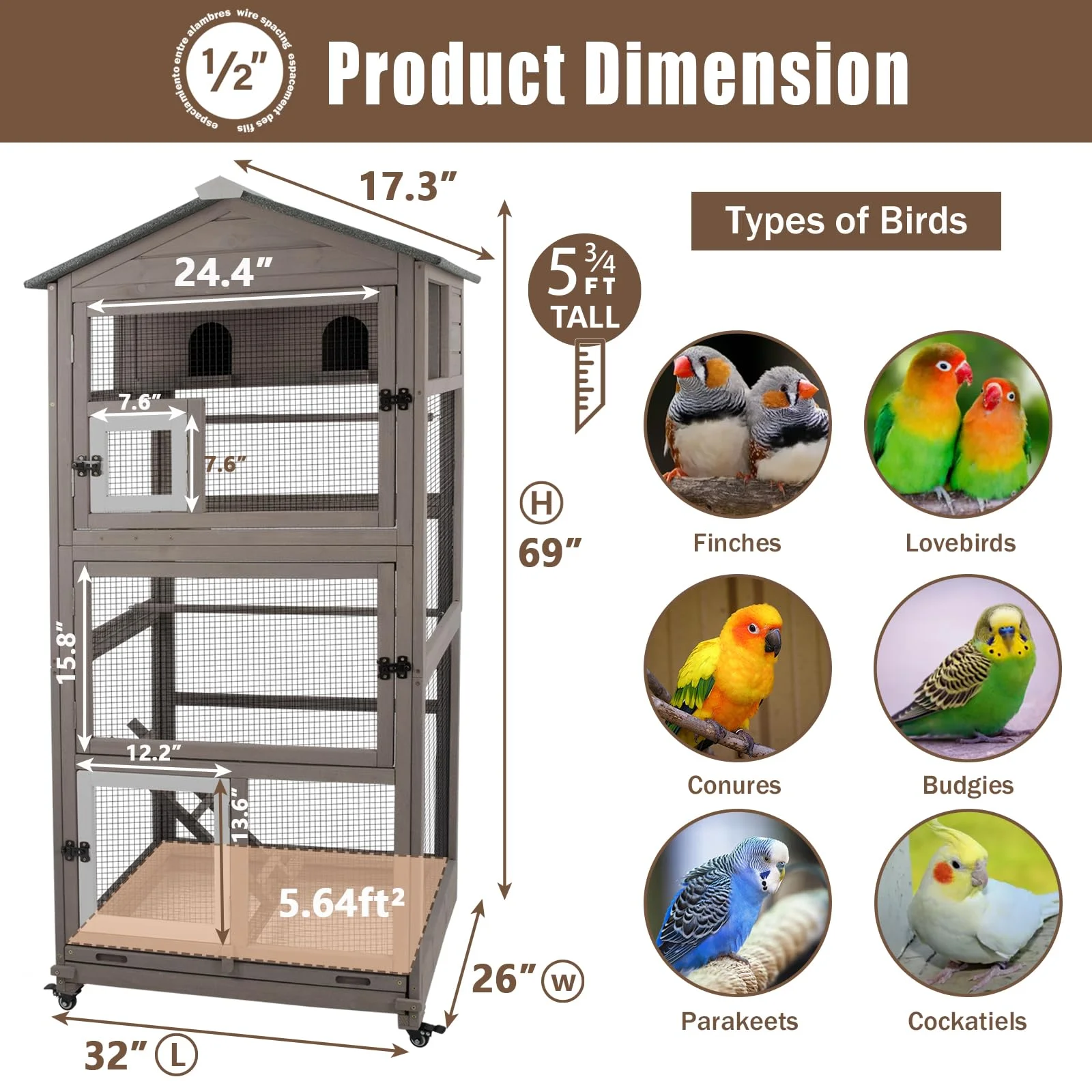 Gowoodhut PET50 Outdoor Bird Aviary Indoor Wooden Large Bird Cage Parakeet Cage on Wheels - Image 3