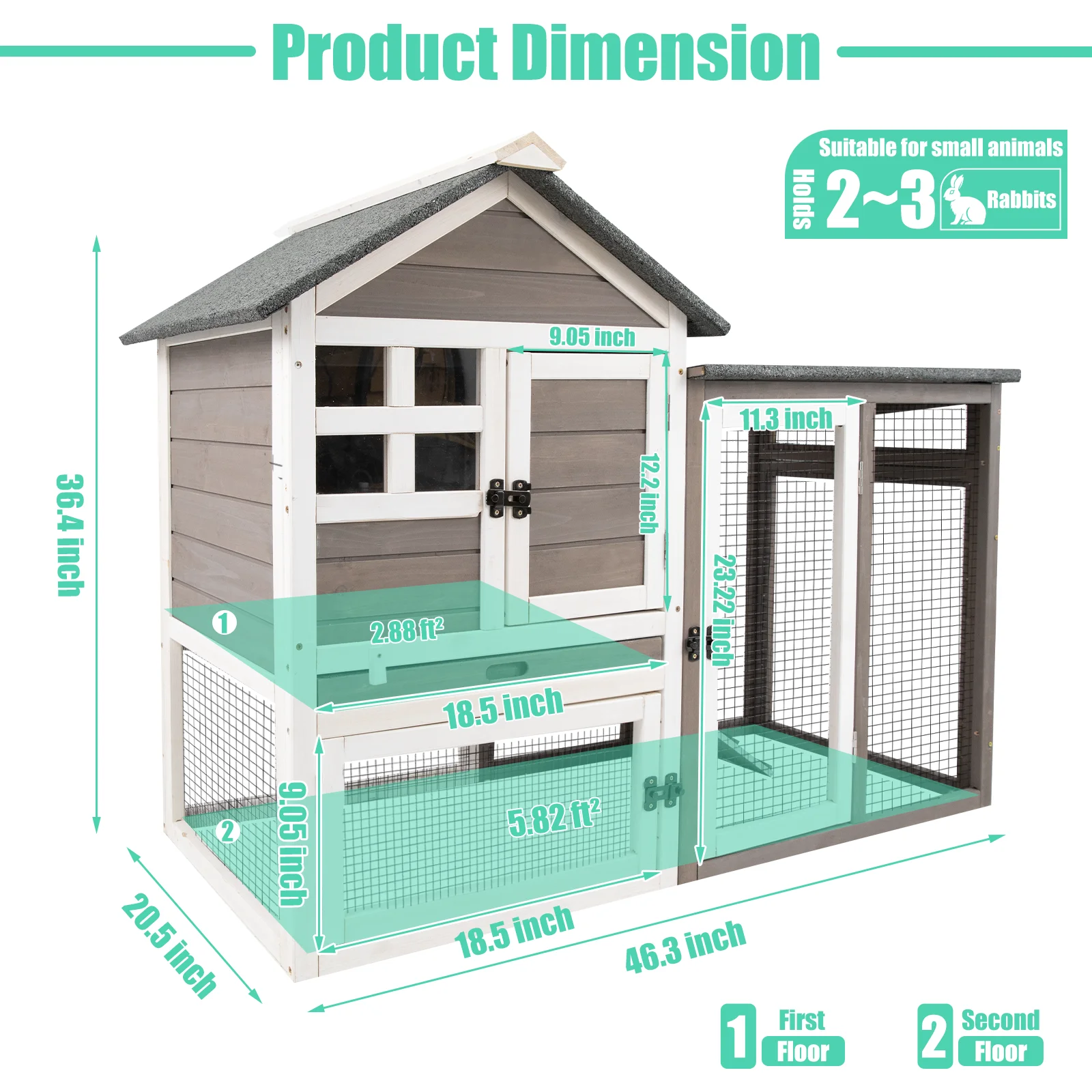 Gowoodhut RAB17 Rabbit Hutch Indoor 2-Story Bunny Cage Outdoor with Run for Small Animals, Gray - Image 4