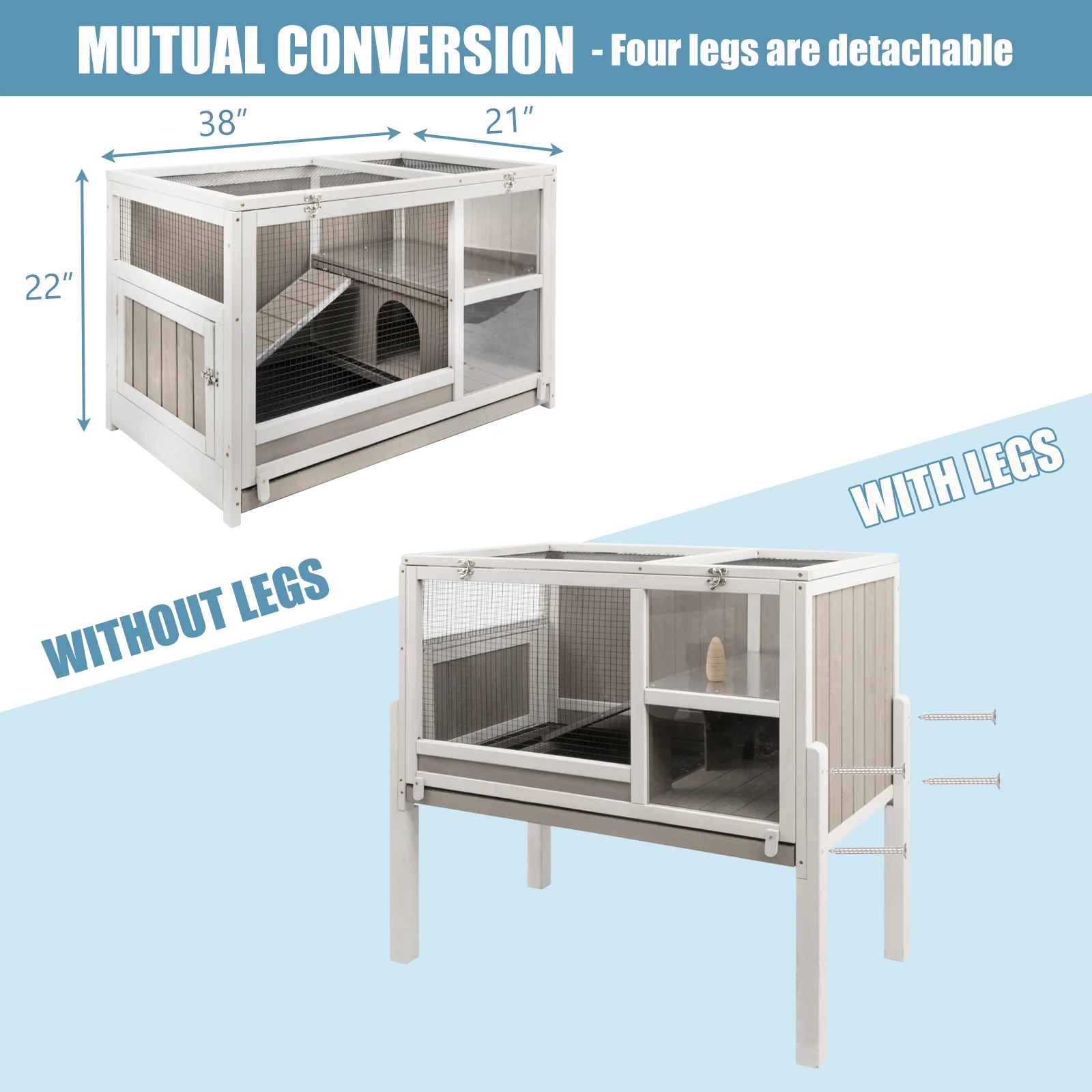 Gowoodhut PET37 Elevated Rabbit Hutch Indoor Wooden Bunny House with Detachable Legs - Image 4