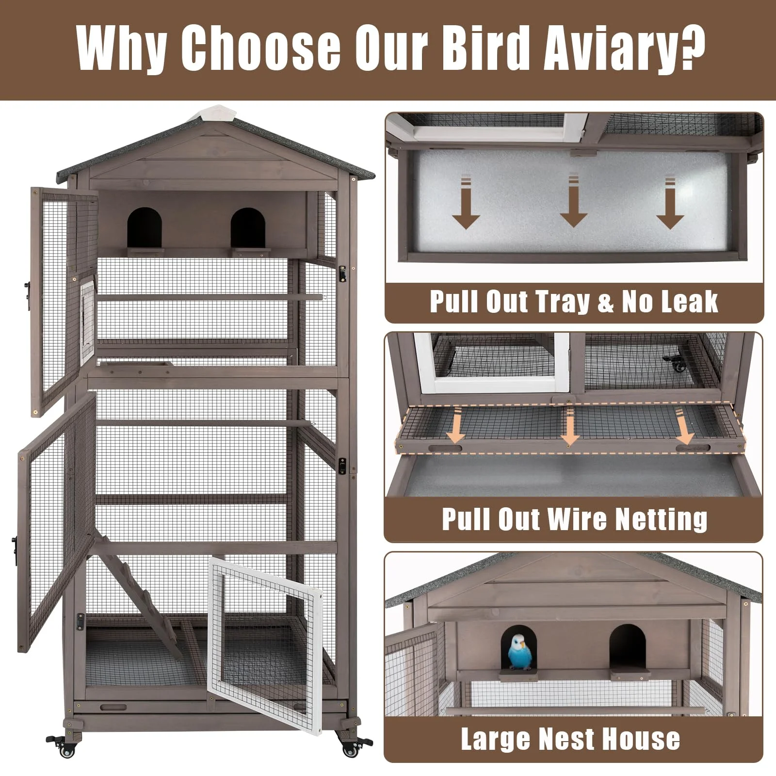 Gowoodhut PET50 Outdoor Bird Aviary Indoor Wooden Large Bird Cage Parakeet Cage on Wheels - Image 4