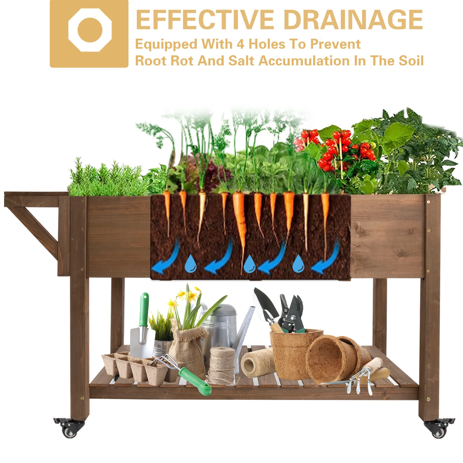 Gowoodhut GF23W Raised Garden Bed Mobile Outdoor Wooden Planter Box with Legs & Side Table - Image 4