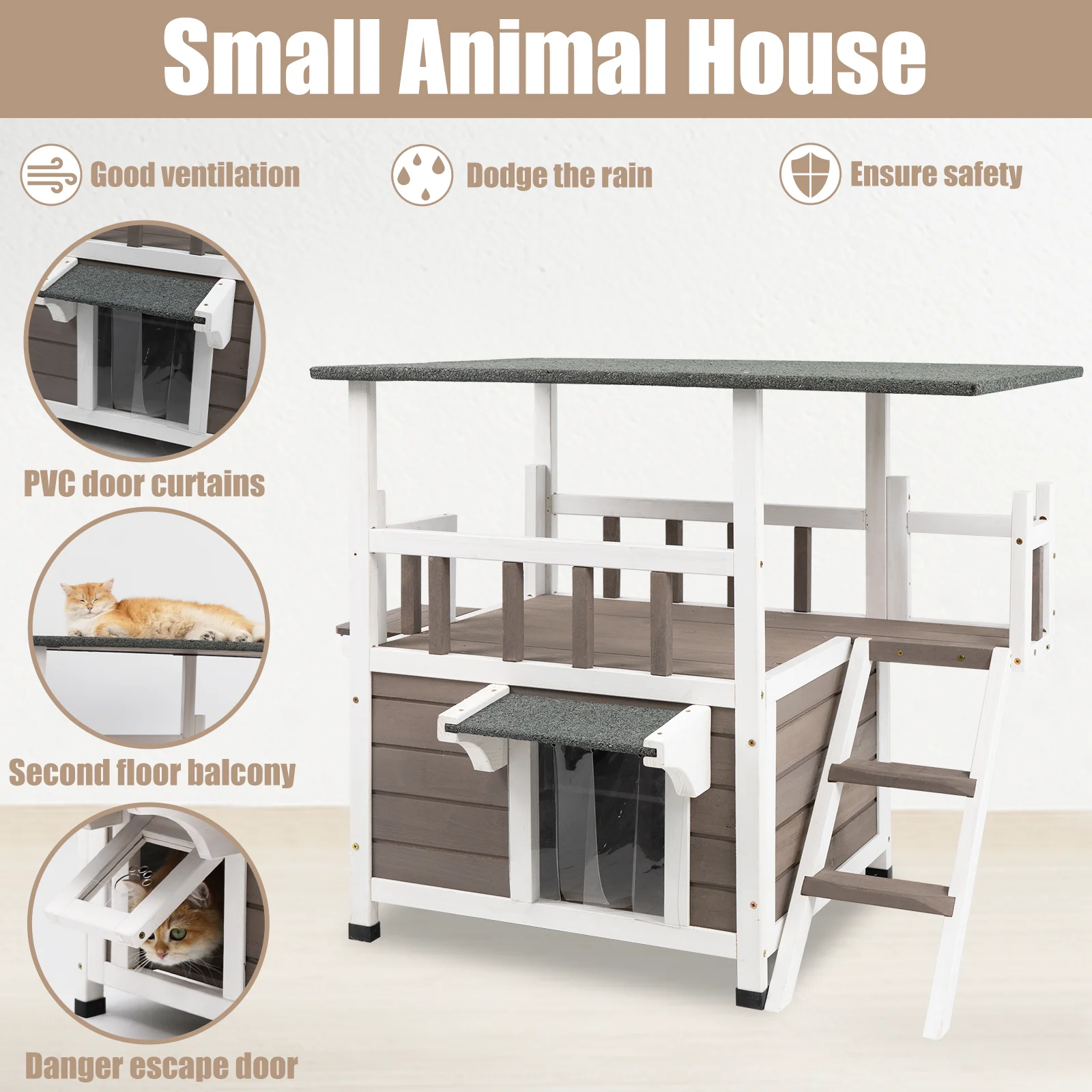 Gowoodhut CAT15 Cat House with Balcony Wooden Cat Shelter Outdoor Feral Kitter Shelter with Climbing Ladder - Image 5