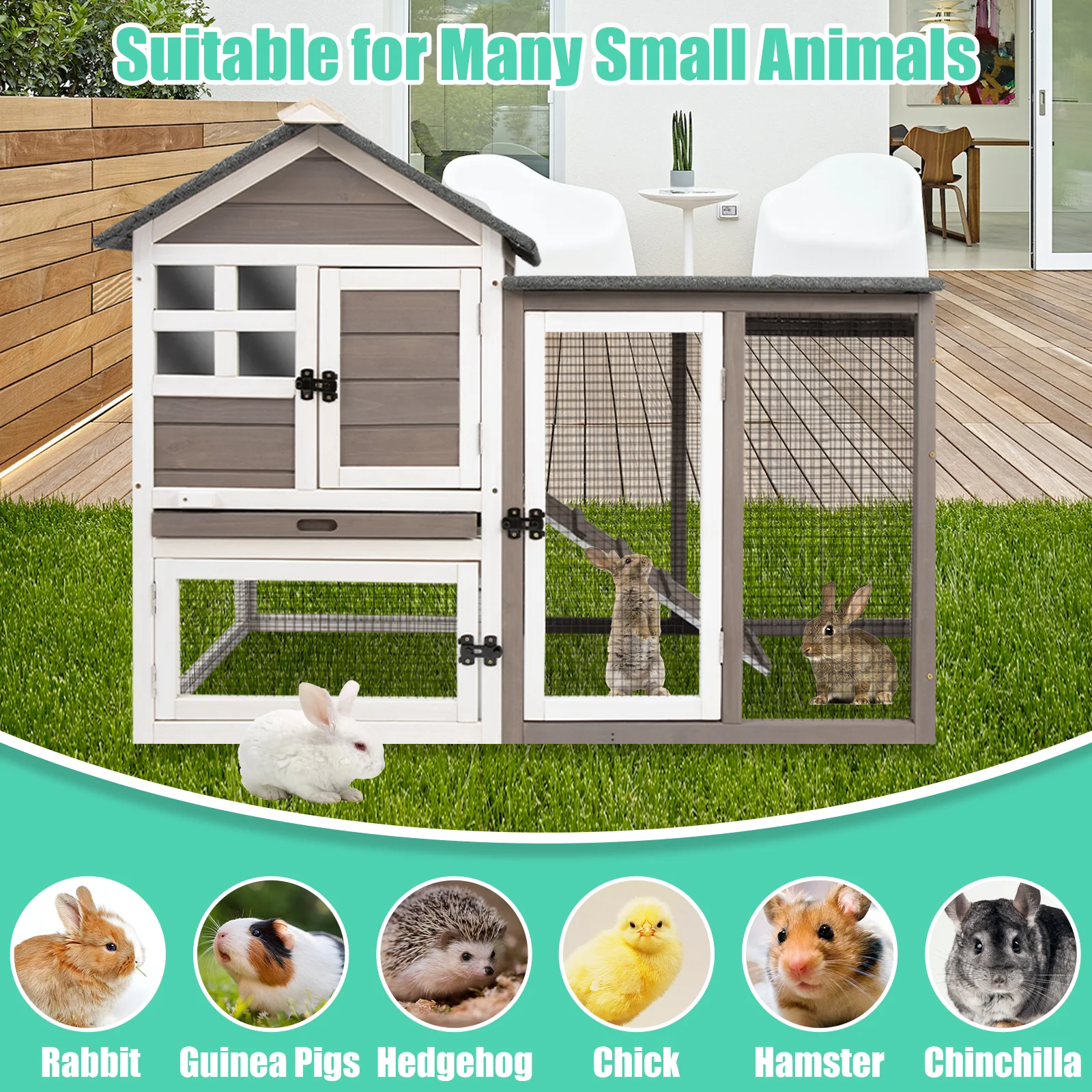 Gowoodhut RAB17 Rabbit Hutch Indoor 2-Story Bunny Cage Outdoor with Run for Small Animals, Gray - Image 5