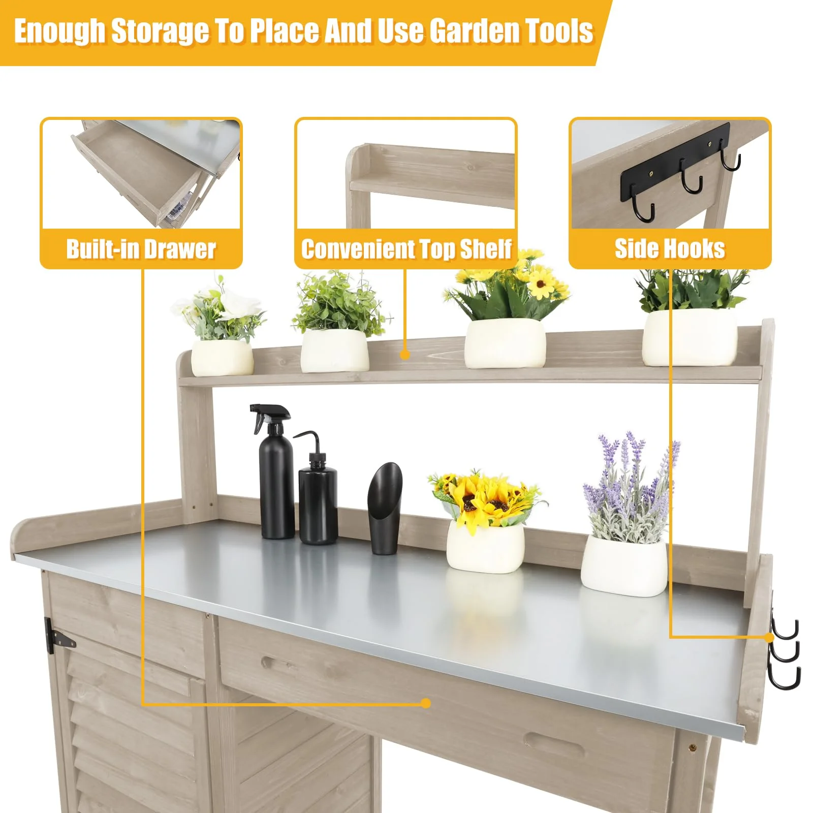 Gowoodhut GF10 Outdoor Garden Potting Bench Table,41" L Wooden Potting Table Work Bench for Horticulture gray - Image 5