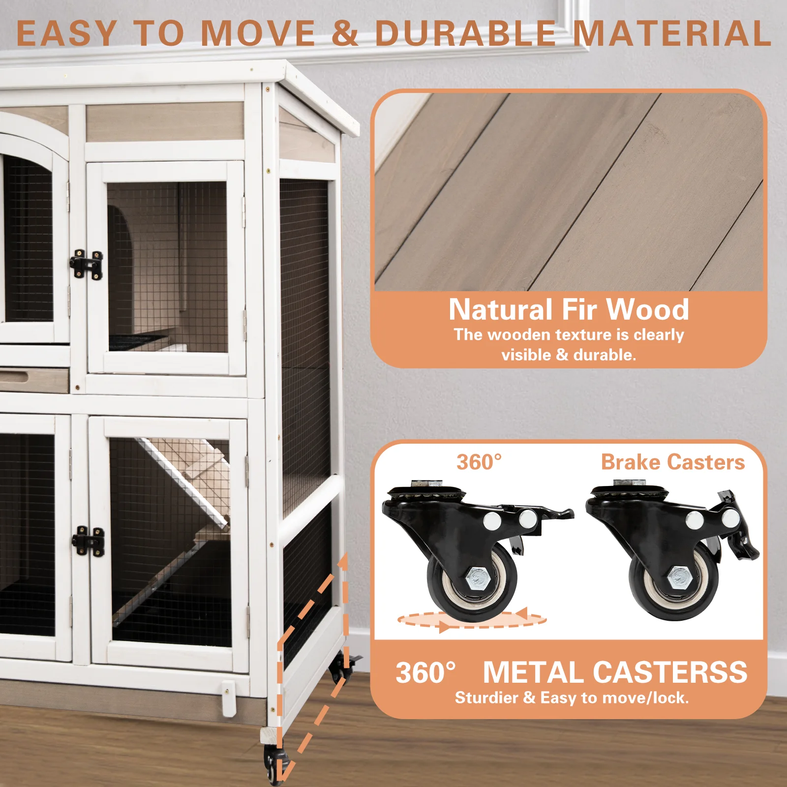 Gowoodhut PET33 Guinea Pig Cage Indoor Wooden 2-Story Rabbit Hutch on Wheels for Small Animals, Gray - Image 6