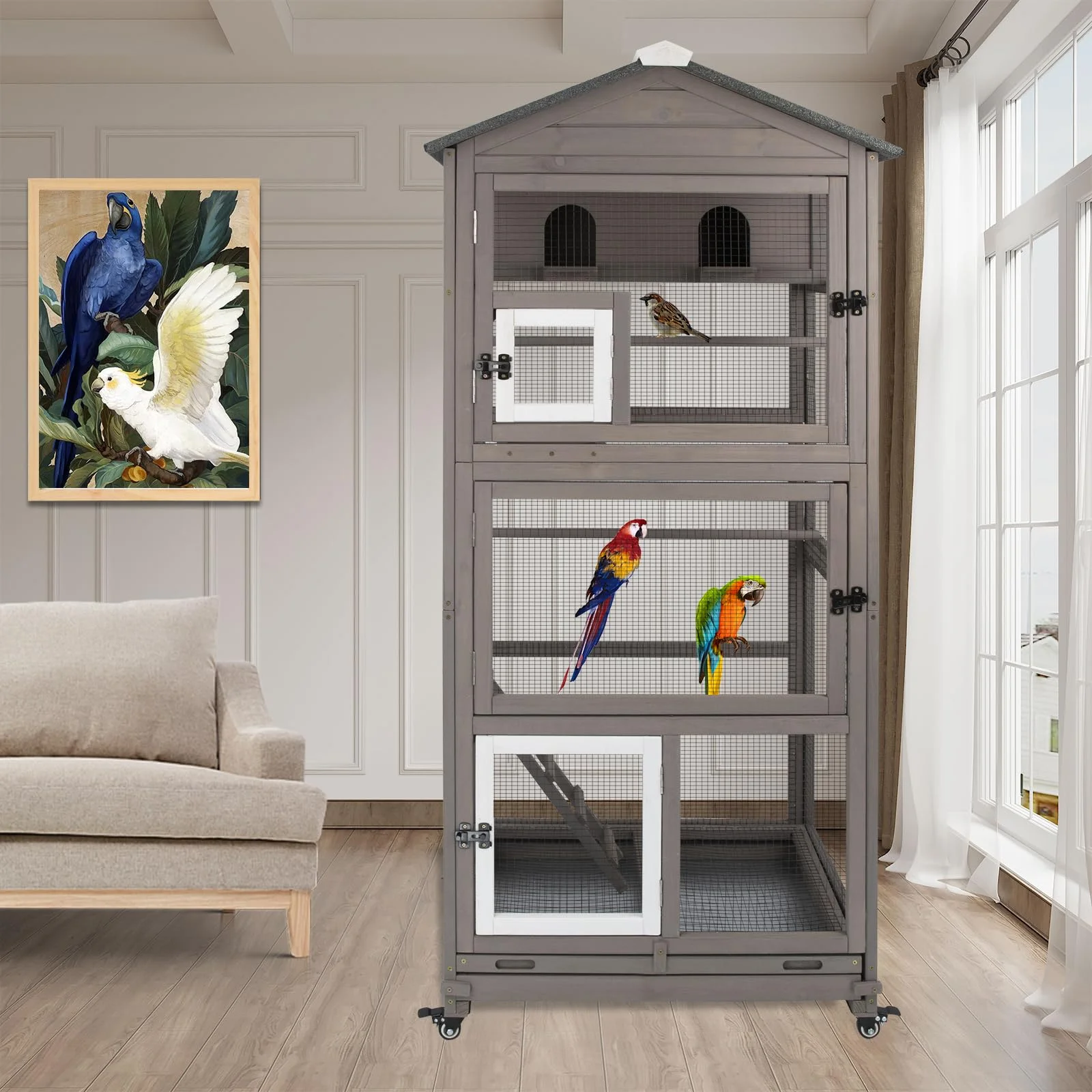 Gowoodhut PET50 Outdoor Bird Aviary Indoor Wooden Large Bird Cage Parakeet Cage on Wheels - Image 6