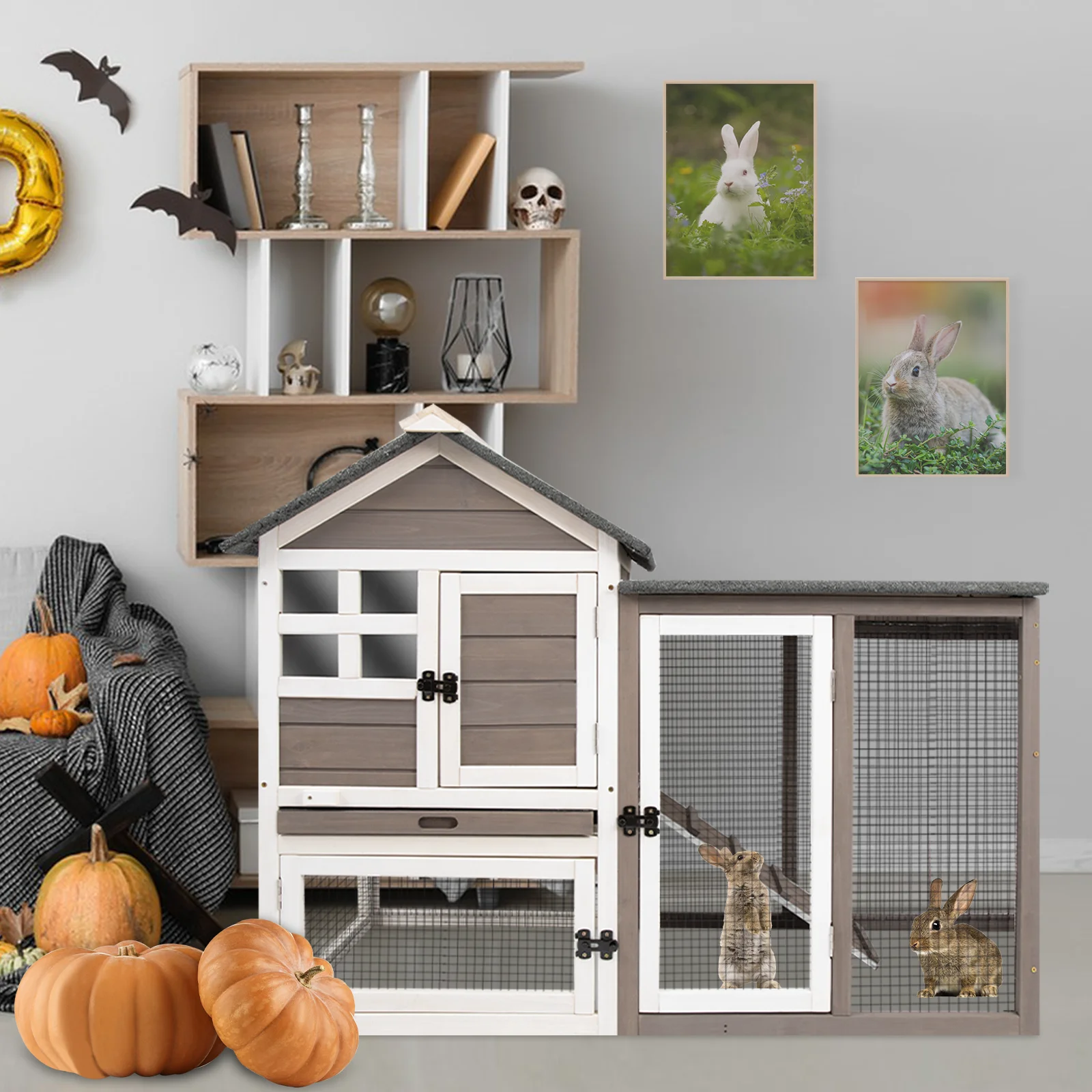 Gowoodhut RAB17 Rabbit Hutch Indoor 2-Story Bunny Cage Outdoor with Run for Small Animals, Gray - Image 7