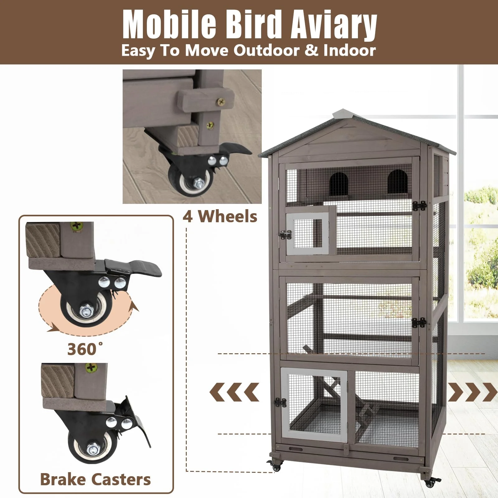 Gowoodhut PET50 Outdoor Bird Aviary Indoor Wooden Large Bird Cage Parakeet Cage on Wheels - Image 7