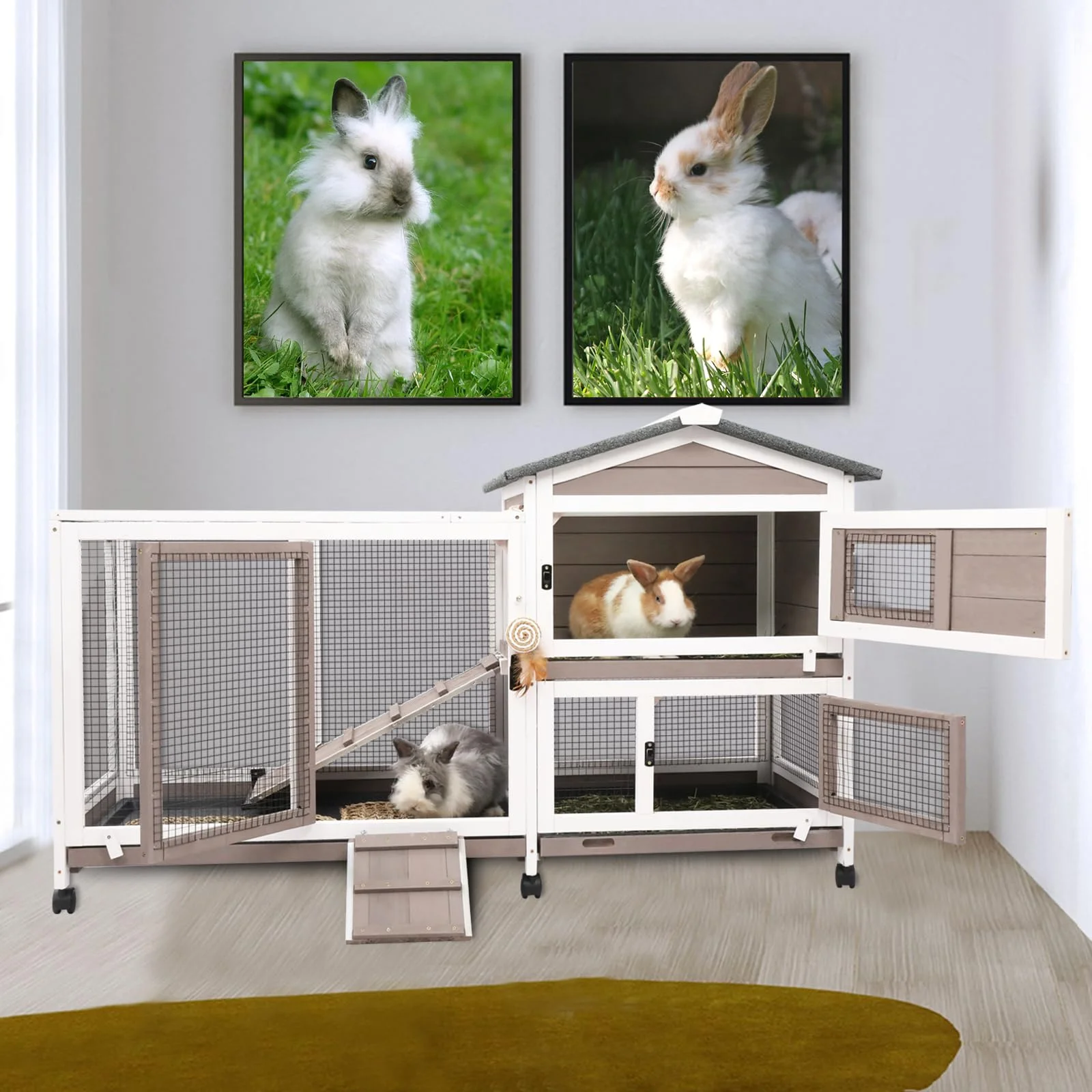 Gowoodhut RAB14 Rabbit Hutch Indoor Bunny Hutch Wooden Rabbit Cage Indoor with Wheels for Small Animals - Image 8