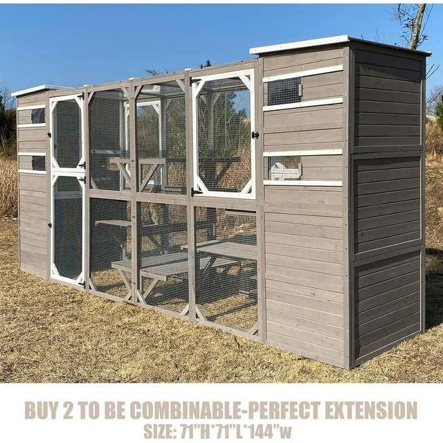 Gowoodhut Large Outdoor Catio Cat Enclosures - Wooden Cat House Weatherproof with Multi Platforms & Weather Resistant Roof, Catio Combined- 71" H 77" L - Image 2