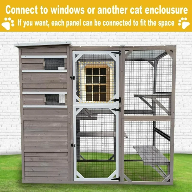 Gowoodhut Large Outdoor Catio Cat Enclosures - Wooden Cat House Weatherproof with Multi Platforms & Weather Resistant Roof, Catio Combined- 71" H 77" L - Image 4