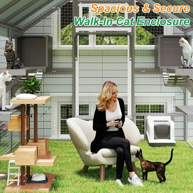 Gowoodhut Extra Large Catio Outdoor Cat Enclosure Waterproof, Walk-in Outdoor Pet House for Multiple Cats, Catio Cat Run Cage with Bridges, Weatherproof Full Cover, 8 Platforms, 2 Resting Box - Image 5