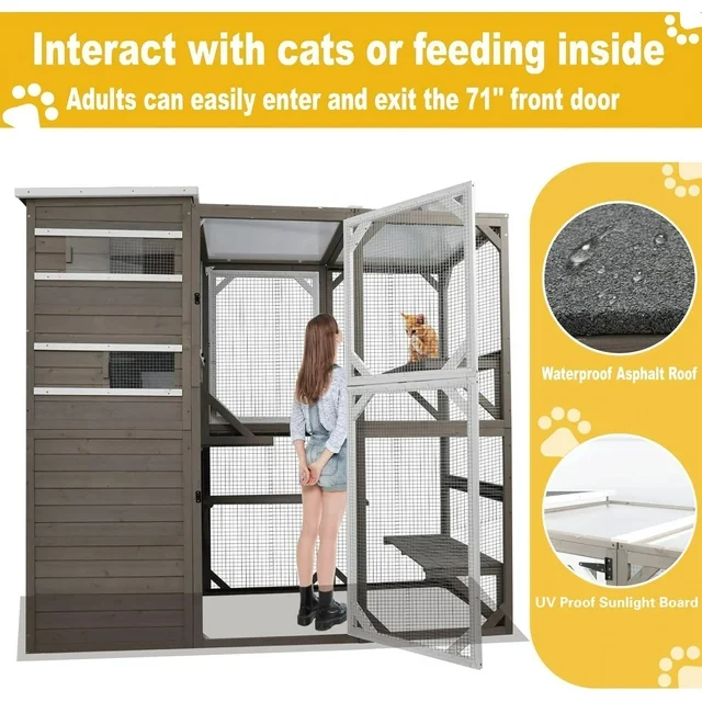 Gowoodhut Large Outdoor Catio Cat Enclosures - Wooden Cat House Weatherproof with Multi Platforms & Weather Resistant Roof, Catio Combined- 71" H 77" L - Image 5
